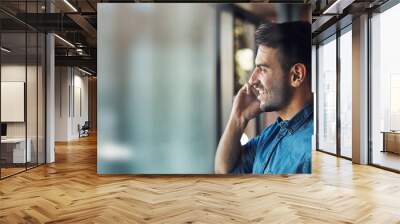 Banner, phone call and businessman in office with smile, mockup and business communication for b2b trading. Networking, consulting and happy man with cellphone, conversation and space in workplace. Wall mural