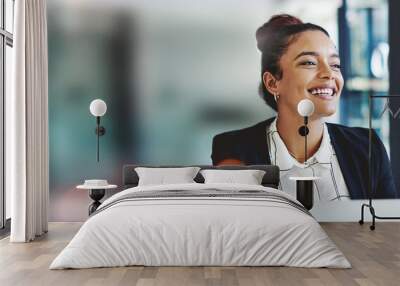 Happy woman, lawyer and mockup space in career ambition or vision against a bokeh background at office. Excited female person, accountant or employee smile in corporate success or dream at workplace Wall mural