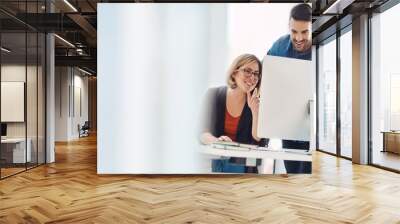 Help, talking and business people with a computer for training, meeting or advice on a website. Happy, corporate and employees with a computer for a collaboration, feedback or reading an email Wall mural