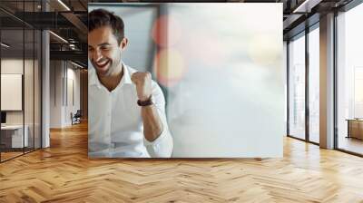 Mockup, laptop or happy man trading with success, goals or sales target in online achievement in office. Proud investor, wow or excited trader in celebration of winning on stock market bonus victory Wall mural