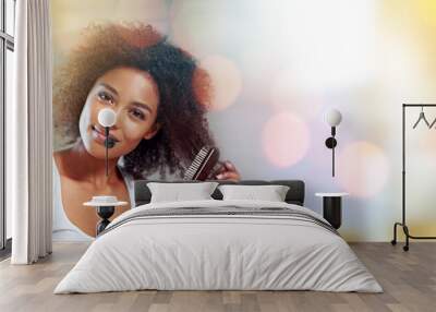 Black woman, afro portrait and comb for copy space, mockup and happiness with smile, self love and cosmetics, Young model, gen z african and happy with natural hair care, clean and blurred background Wall mural