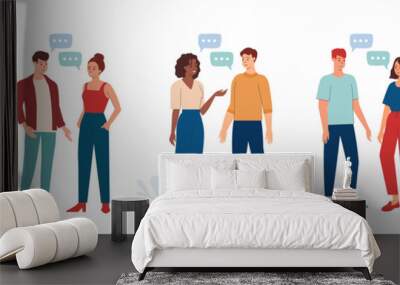 Happy people talking, gossiping and speaking. Set of friends meeting and having conversation. Multinational young people chatting with dialogue speech bubbles. Vector illustration isolated on white  Wall mural