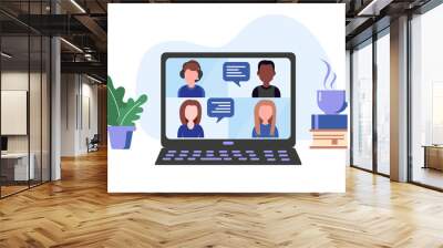 Video online conference. Video meeting and interview. Online communication. Working freelance, e-learning or studying at home in laptops. Vector illustration isolated on white Wall mural