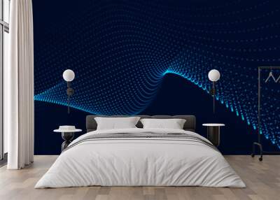 A moving digital 3d wave. Futuristic dark background with dynamic blue particles. The concept of big data. Cyberspace. Vector illustration. Wall mural