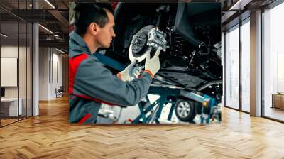 Car mechanic worker repairing suspension of lifted automobile at auto repair garage shop station Wall mural