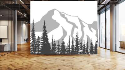 Black and white landscape, spruce forest against the background of snow-capped mountains Wall mural