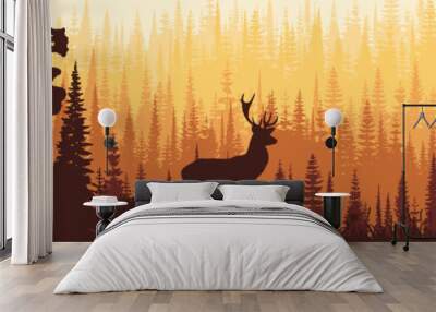 Deer in the forest, morning light, panoramic view, vector illustration	 Wall mural