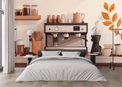 Illustrated coffee station with a modern espresso machine and warm autumn decor in a cozy kitchen Wall mural