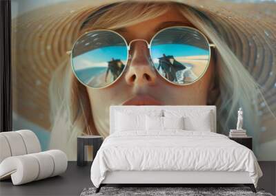 Stylish Woman with Platinum Blonde Hair in Sunglasses on Beach Wall mural