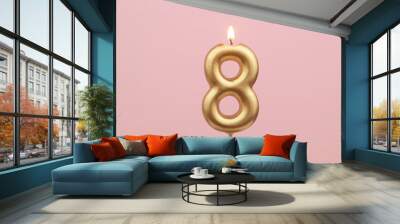 Birthday candle burning on pink background, number 8 Wall mural