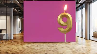 Burning golden birthday candle on pink background with copy space, number 9 Wall mural