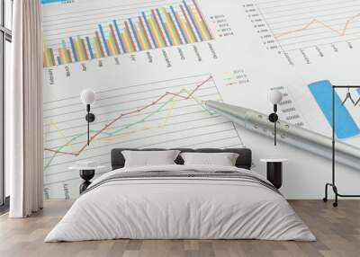 Business concept, silver pen on financial charts and graphs Wall mural