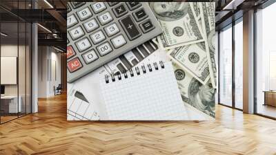 Calculator, money and blank page for text, business concept Wall mural