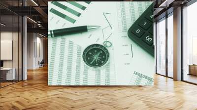 Compass, pen, calculator on financial reports. Wall mural