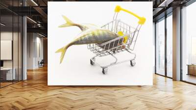 Fresh fish in shopping cart. Buy and shipping seafood concept. Wall mural