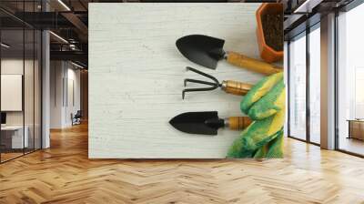 Gardening tools on old white table. Wall mural