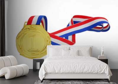 Golden medal with multicolored ribbon isolated on white background. Wall mural