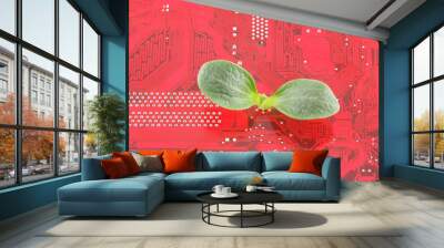 Green plant growing through electronic circuit board Wall mural