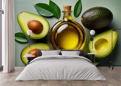 Freshly Cut Avocado Fruit and Avocado Oil Bottle  Top View Concept Wall mural