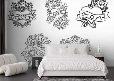 Heart twisted in the ribbon. Heart tattoo with ribbon and roses. Old school style. Ribbon with an inscription mom love. Black and white tattoo Wall mural