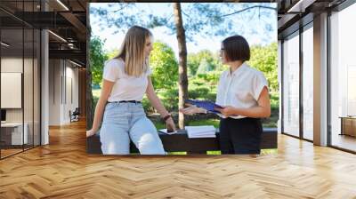 Female university student teenager talking with teacher, social worker, sitting in park Wall mural