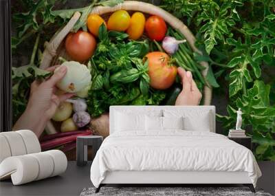 Top view of basket with many different vegetables herbs with farmer hands Wall mural