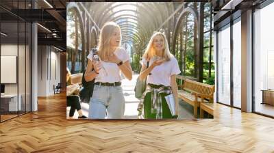 Two happy smiling talking girls teenagers students walking together Wall mural