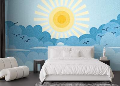 Vector drawing of sky, sun in the clouds, cartoon illustration, natural background	 Wall mural