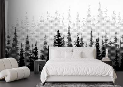 Vector halftone dots background, fading dot effect. Imitation of a coniferous forest, banner, shades of gray.  Wall mural