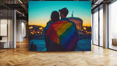 A couple standing in front of a landmark, wrapped in an LGBTQ+ flag Wall mural