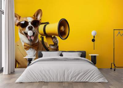 A dog with a loudspeaker commands attention on a vibrant yellow background, ready to make some noise. Wall mural