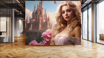 A fairytale princess in a flowing ball gown, surrounded by a cascade of colorful flowers, radiating joy and charm. AI generated Wall mural