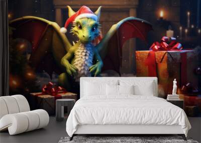 A funny cartoon dragon illustration set against a Christmas tree and gifts Wall mural