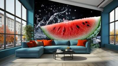 A piece of refreshing watermelon with splash of water on a black background Wall mural