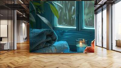 Blue towel, candles, flower Wall mural