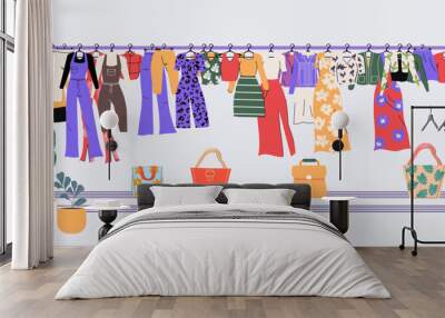 A large set of clothes hanging on a rack and hangers. Shop and sale. Second hand. Garment on hanger rail. Seasonal accessories. Women's wardrobe in flat style. Vector illustration. Trendy Store.  Wall mural