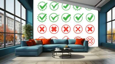 Set of red cross and green checkmark. Wrong and right. Collection trendy icons. Symbol sign. Hand drawn. Doodle. Vector. Textbox and checkbox. Frame vote. Button. No and Yes.  Flat line style. Tick.  Wall mural