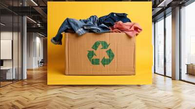 Box with recycling logo icon emblem with clothes textile on yellow studio background. Used clothes to reuse. Ecological sustainable fashion.Reduce waste responsibility and donate donation concept Wall mural