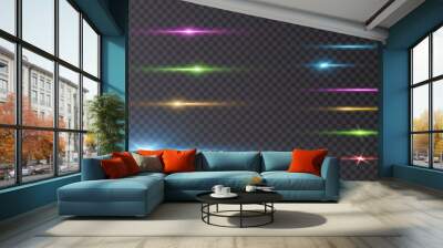 Bright horizontal highlights. Laser beams, horizontal beams of light. Beautiful light flashes. Glowing stripes on a transparent background. Glowing abstract sparkling background. Vector Wall mural