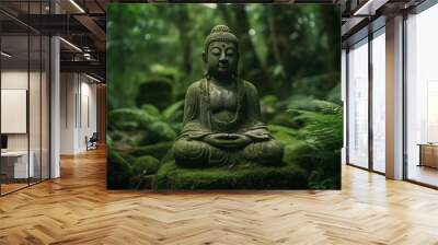 Buddha statue in a blurred green bamboo zen jungle, friendly peaceful tropical environment, fresh natural spa asian wallpaper. Mindfulness, wellness, and Inspiring concept. Generative AI Technology Wall mural