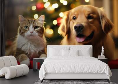 Cat and dog cuddle up in a festive living room Wall mural