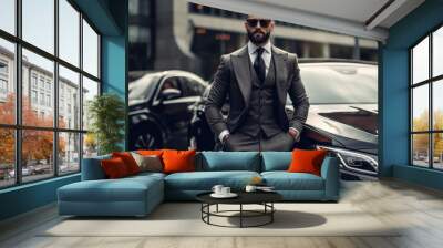 Confident male businessman in sleek suit poses with a modern luxury car, embodying success and sophistication. beard generative AI. Wall mural