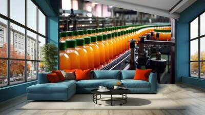 Conveyor in the production of juice, sweet water, orange bottles in the factory, natural product. generated ai. Wall mural