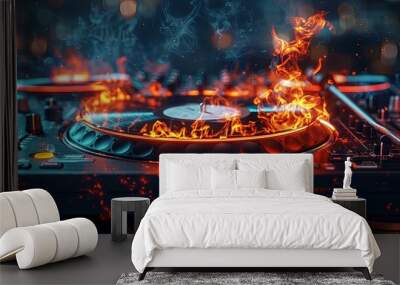 Dj concept with burning vinyl record on turntable Wall mural