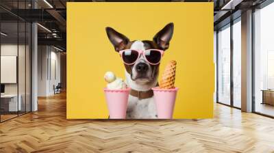 dog and cold sweet ice cream, summer vacation, travel, cooling. cool dog with glasses generated ai. Wall mural