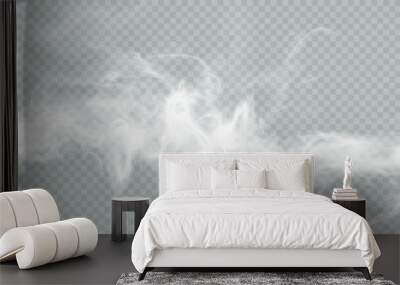 Fog or smoke isolated on transparent background with special overlay effect. White vector smoke cloudiness, fog or smog background. Vector Wall mural