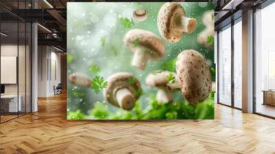 Fresh mashroom and parsley slices levitating falling on green background with water droplets. Healthy food ingredients in motion concept. Wall mural