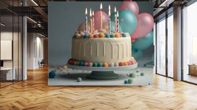 Fresh tasty delicious buttercream cake with seven candles, balloons. Celebration food with creamy drip icing, sprinkles. Happy birthday holiday greetings concept for gender boy or girl. Generative AI. Wall mural