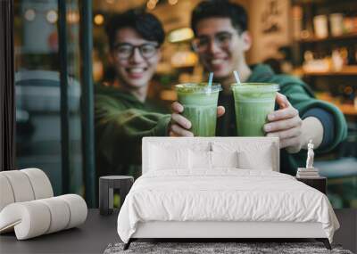 Friends enjoying trendy Japanese beverage concept. Asian men meeting at cafe for matcha tea and conversation two best friends having fun and holding cups of green matcha latte drink in cafe Wall mural