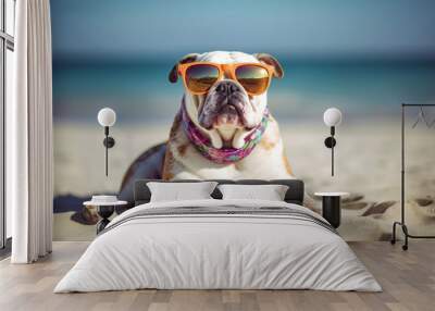 Funny British English bulldog breed in sunglasses sunbathing at seaside resort sand near sea or ocean water. Vacation rest in hot country beach concept. Generative AI Technology Wall mural